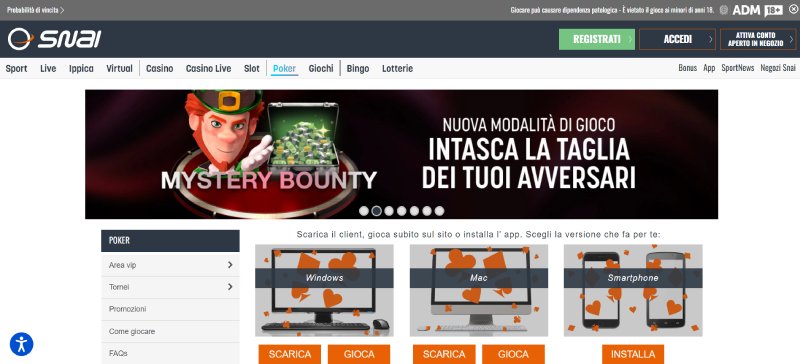 Homepage della lobby poker di SNAI